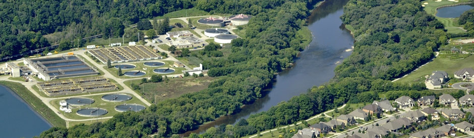 aerial view of Kitchener's wastewater treatment plant on the Grand River