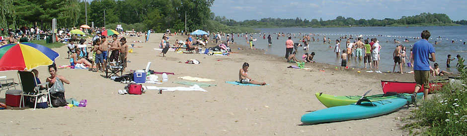 People enjoying the beach at Guelph Lake Park on a sunny day