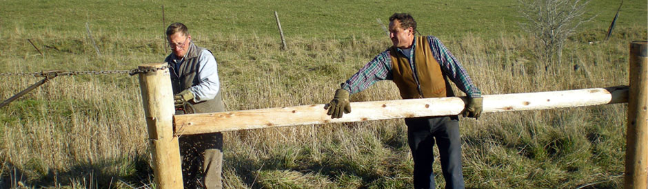 Two men erecting a fence near a watercourse