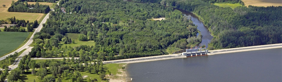Aerial view of Shand Dam/Belwood Lake Reservoir