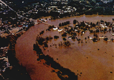 Aerial photo showing inundation of Bridgeport during flood of 1974