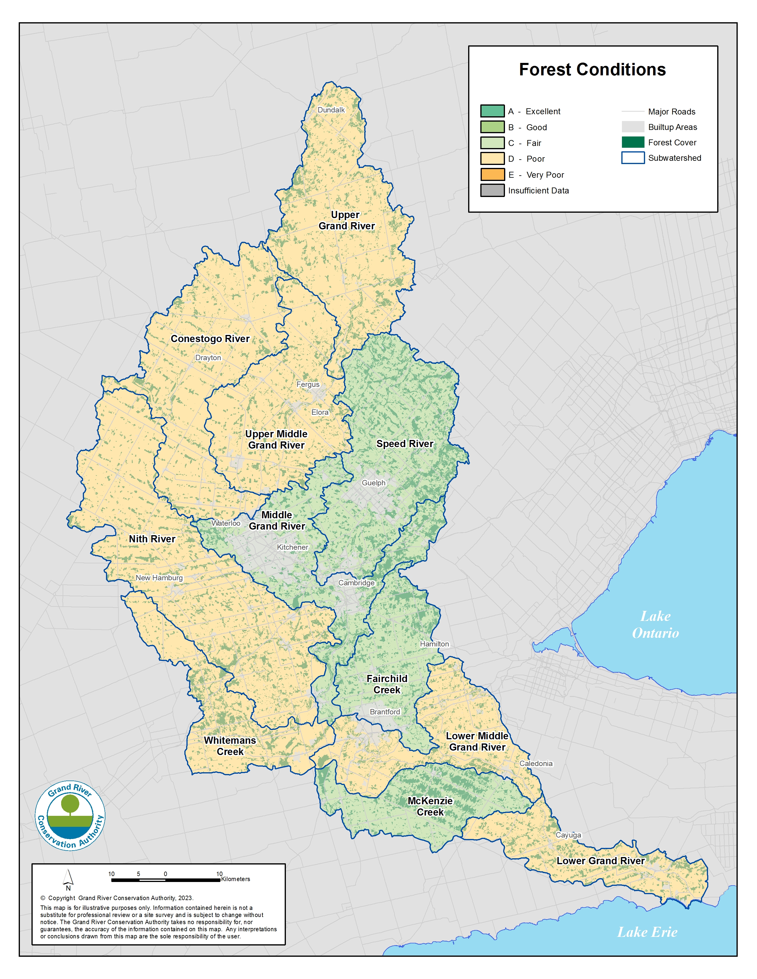 A map of letter grades for forest conditions. The Speed River, Middle Grand River, Fairchild Creek and McKenzie Creek subwatersheds have a C grade while all others have a D grade. 