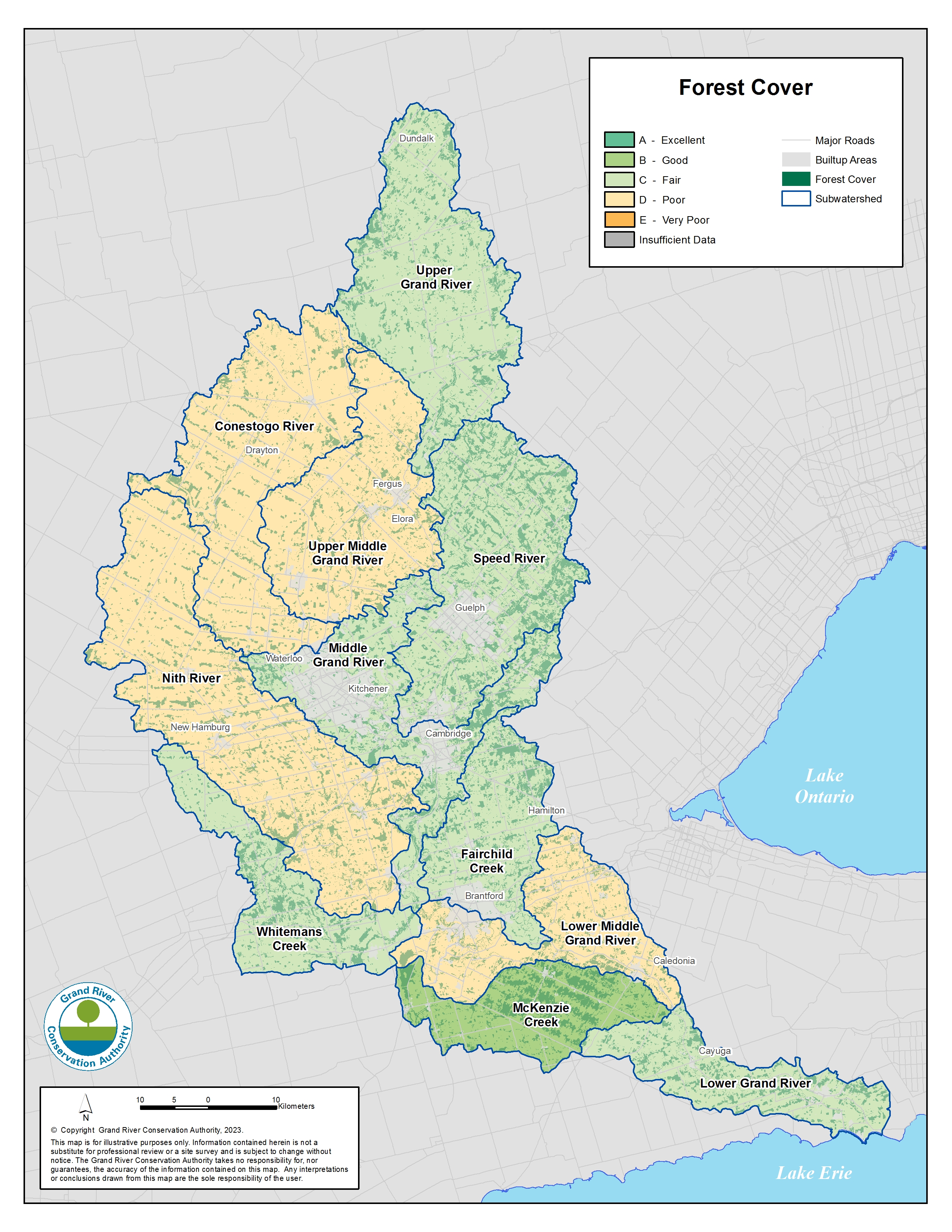 A map of letter grades for forest cover. The McKenzie Creek subwatershed has a grade of B. Fairchild Creek, Upper, Middle and Lower Grand River, Speed River, and Whiteman's Creek subwatersheds have C grades. All other areas have D grades.  