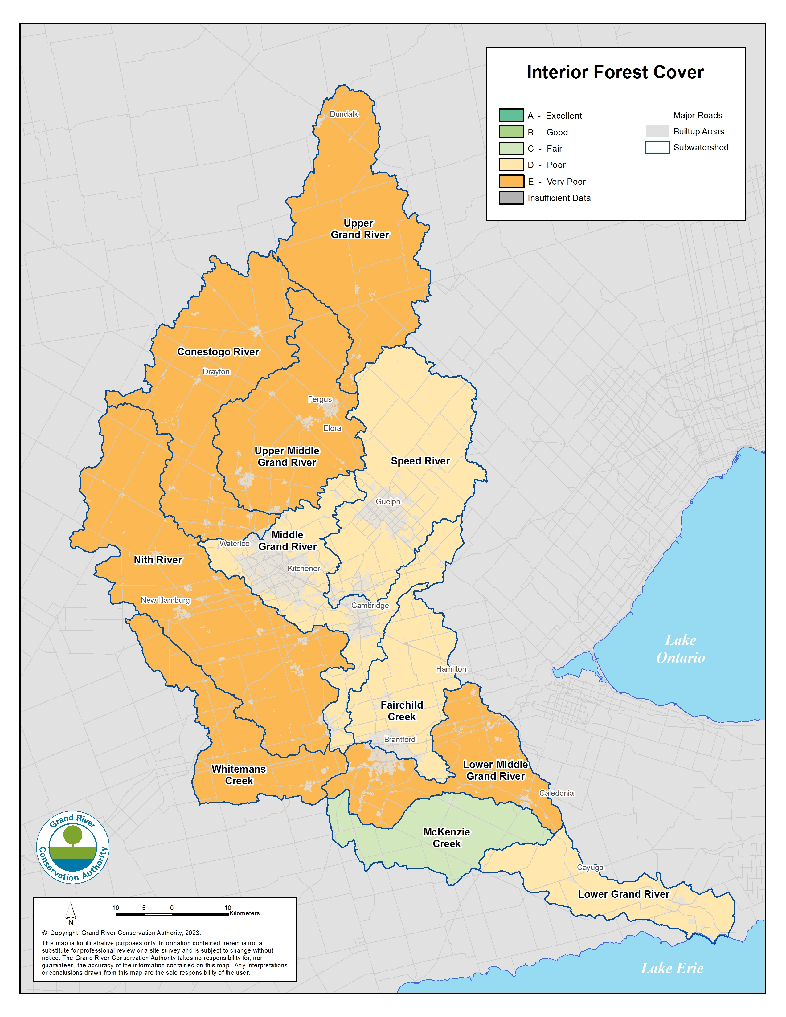 A map of letter grades for interior forest. The McKenzie Creek subwatershed has a C grade. The Fairchild Creek, Lower and Middle Grand River, and Speed River subwatersheds have D grades. All other areas have an F grade. 