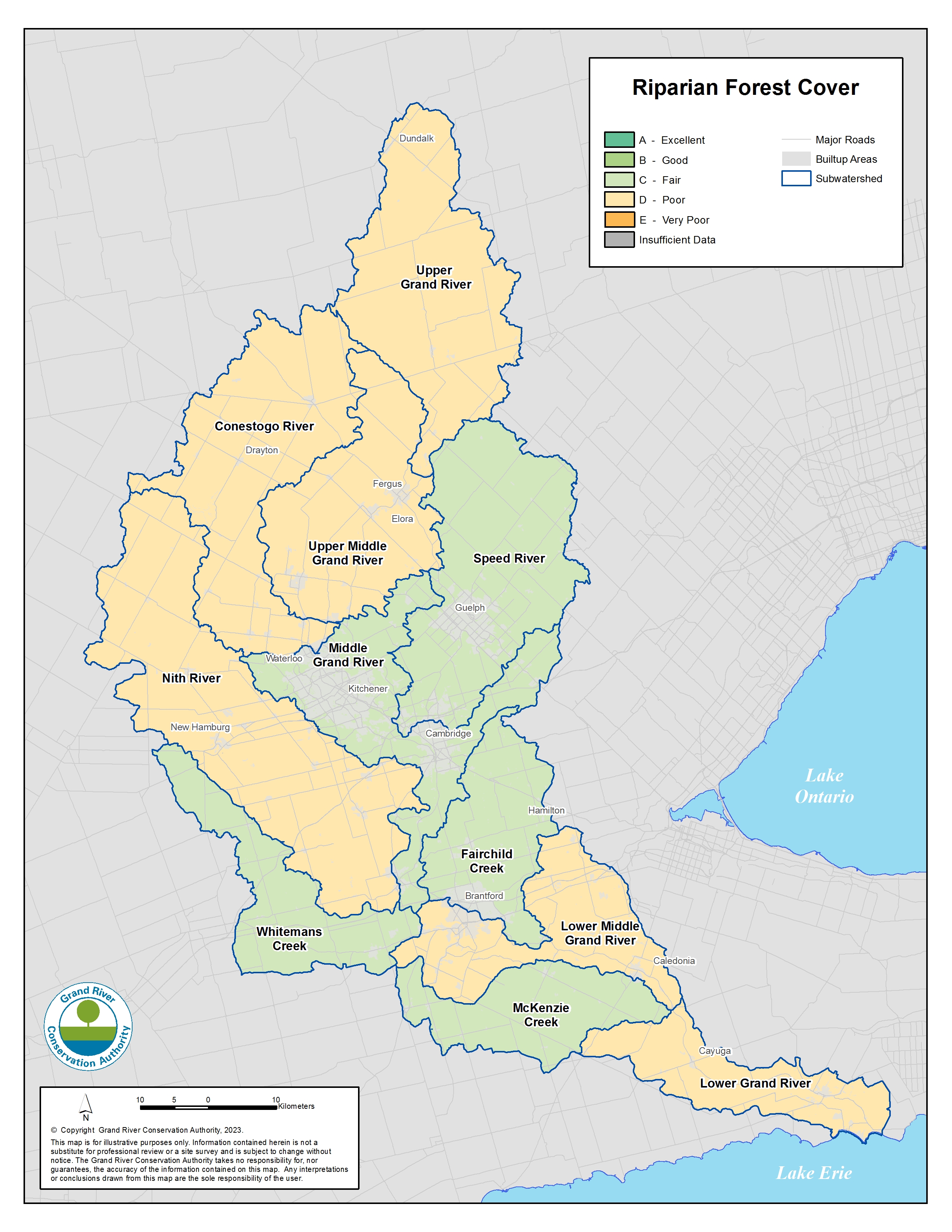A map of letter grades for riparian forest conditions. The Fairchild Creek, Speed River, Middle Grand River, McKenzie Creek and Whiteman's Creek subwatersheds have a C grade while all others have a D grade. 