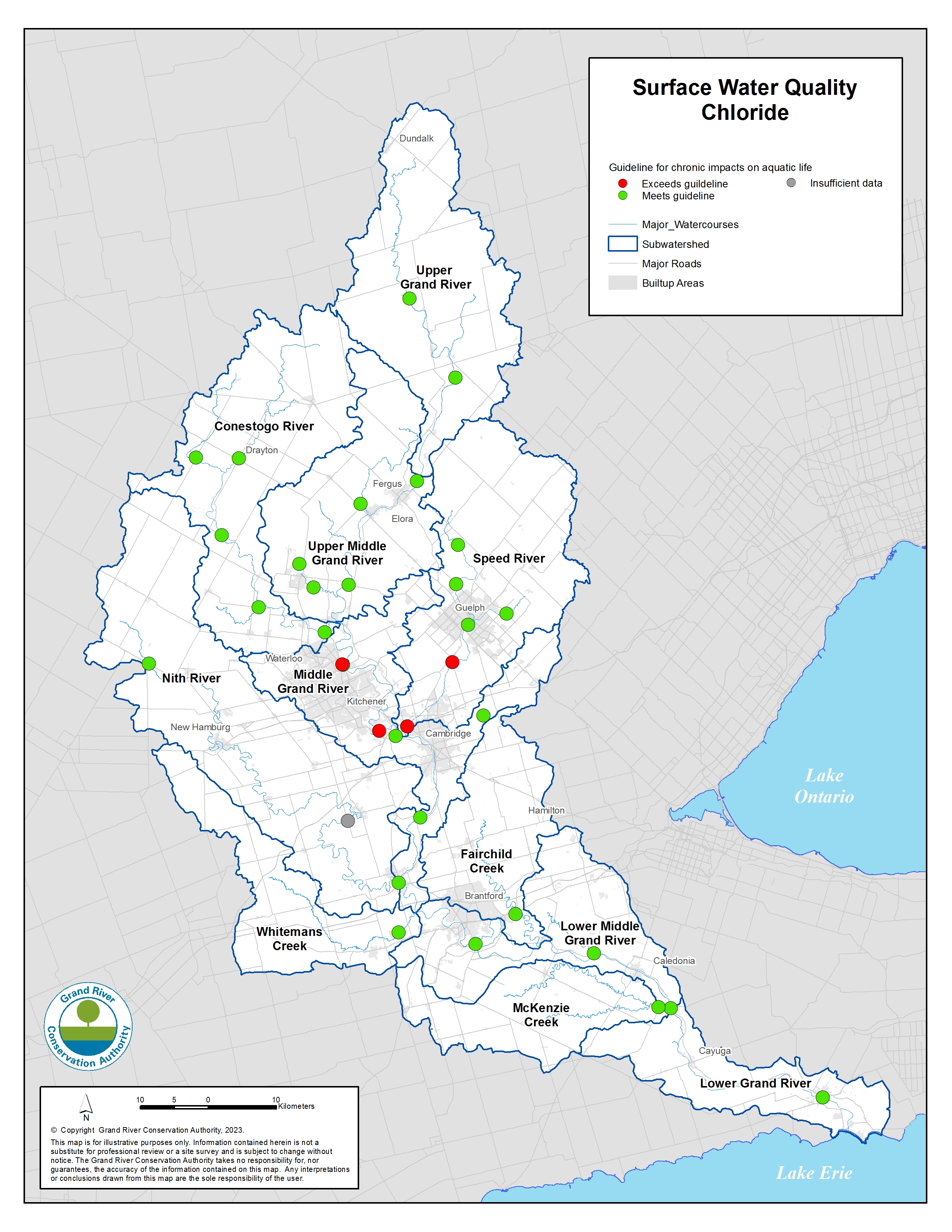 A map of surface quality monitoring sites. All but four of the sites meet the federal guideline for chronic impacts of chloride on aquatic life. Three sites in the Speed River and Middle Grand River exceed the guidelines. 