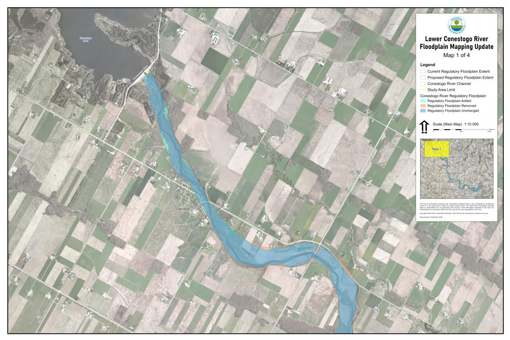 This is Map 1 of 4 showing the final proposed updates to the floodplain nearby the Lower Conestogo River after receiving feedback through public consultation.