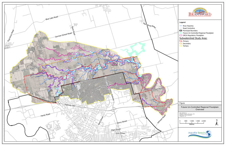 The purpose of this map is to show the North Brantford existing and proposed GRCA Regulated floodplain. Features such as the subwatershed study area, GRCA regulatory floodplain and future un-controlled regional floodplain are shown.