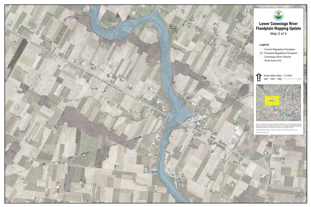 This is Map 2 of 4 showing the final proposed updates to the floodplain nearby the Lower Conestogo River after receiving feedback through public consultation.