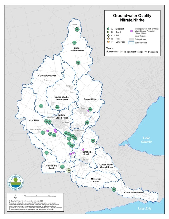 The purpose of this map is to show the Groundwater Quality in the Grand River watershed in terms of levels of Nitrate/Nitrite. The map shows the grades for the levels of Nitrate/Nitrite as well as if there is a trend of increasing, decreasing or no significant changes the levels of Nitrate/Nitrite. The map also shows the locations of municipal wells with Drinking Water Source Protection Nitrate Issues.