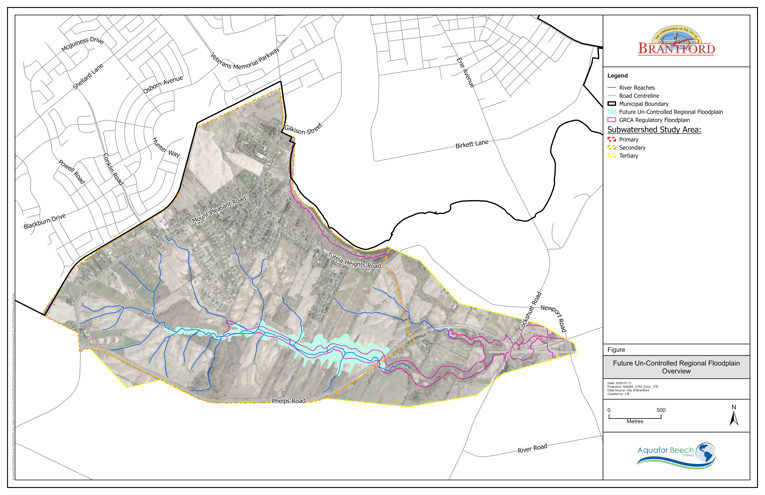 The purpose of this map is to show the Tutela Heights existing and proposed GRCA Regulated floodplain. The map shows features such as the subwatershed study area, GRCA regulatory floodplain and future un-controlled regional floodplain.