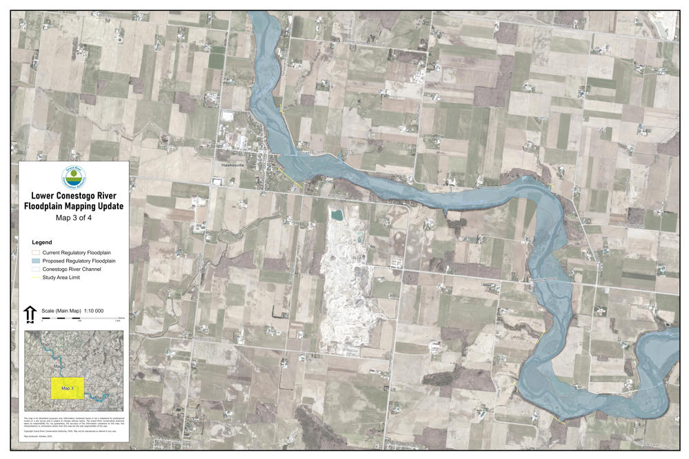 This is Map 3 of 4 showing the final proposed updates to the floodplain nearby the Lower Conestogo River after receiving feedback through public consultation.