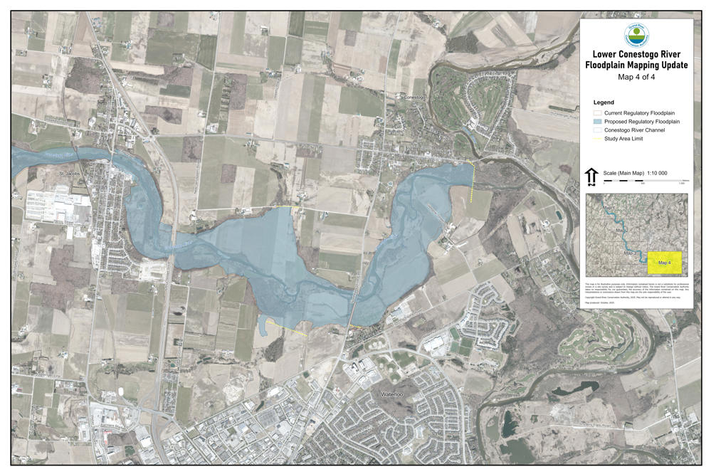 This is Map 4 of 4 showing the final proposed updates to the floodplain nearby the Lower Conestogo River after receiving feedback through public consultation.